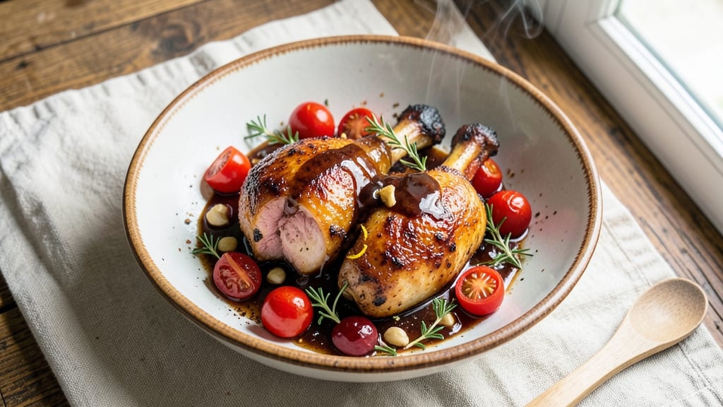 Balsamic Chicken Thighs With Burst Tomatoes Recipe: Sweet-Tart Glaze That Caramelizes to Richness